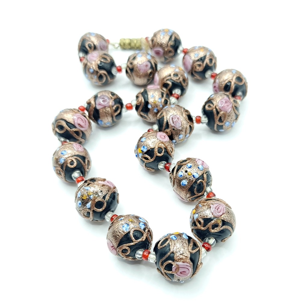 Vintage Wedding Cake Bead Necklace Millefiori Glass Goldtone Black Pink 15" READ - Picture 3 of 14